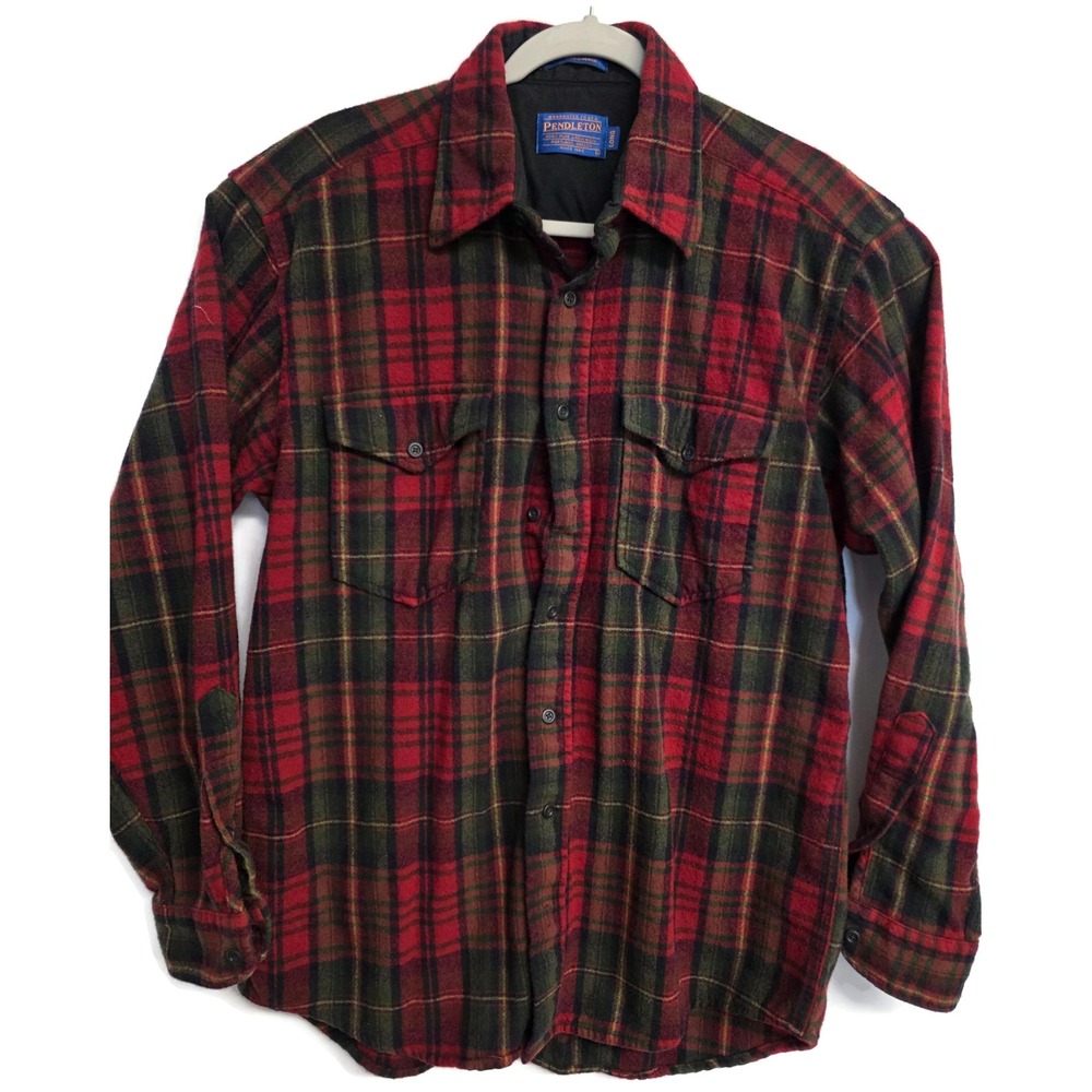 Pendleton Mens Red Green Plaid Pure Virgin Wool Flannel Shirt Long Large